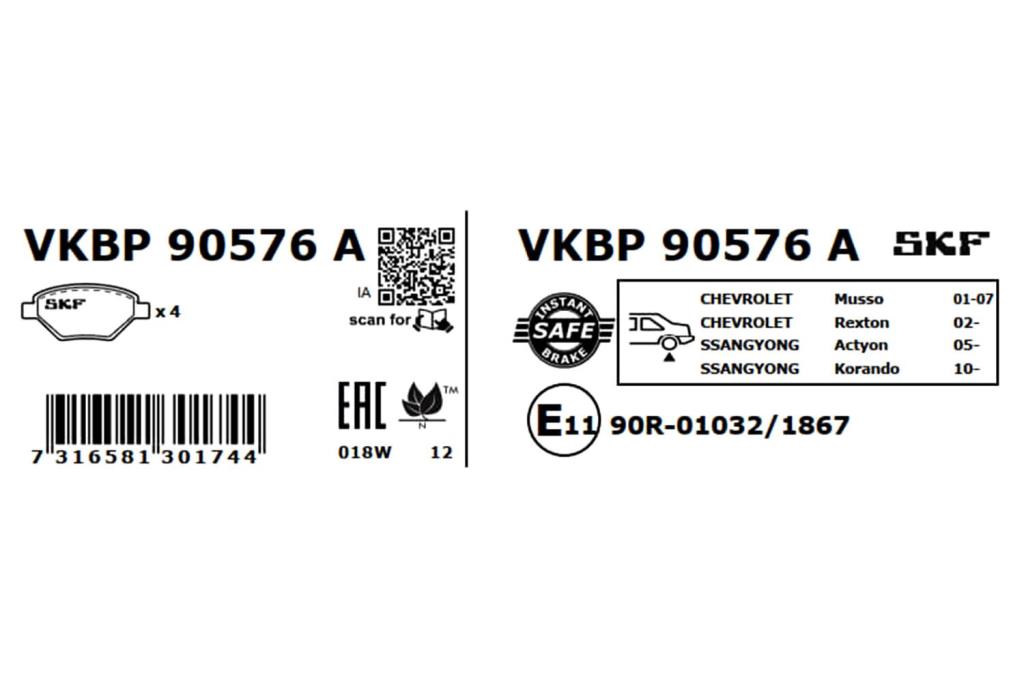 Jogo de 4 pastilhas de travão SKF ref. VKBP 90576 A